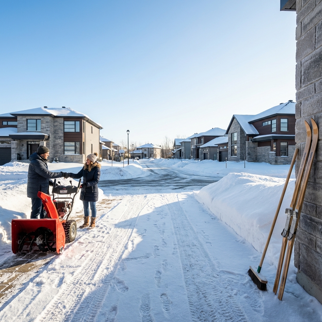 Modern Quebecois residential street in winter